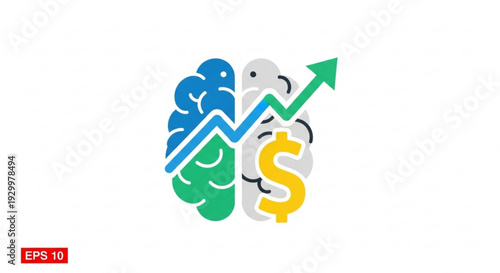 Brain with smiling sections and financial growth graph symbolizing profit and success