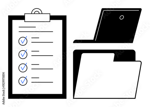 Task management, organization, productivity, workflow, digital storage, office tools. A checklist, folder and laptop. Task management and organization concepts in office and digital workflows