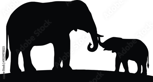 Heartwarming black silhouette of an adult elephant and a baby calf touching trunks, minimalist african wildlife vector icon for family nature designs.