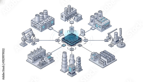 Industrial facilities connected to a central microchip hub.
