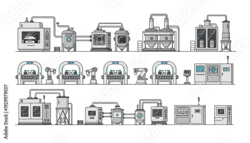 Industrial manufacturing process diagram with various machinery and equipment.