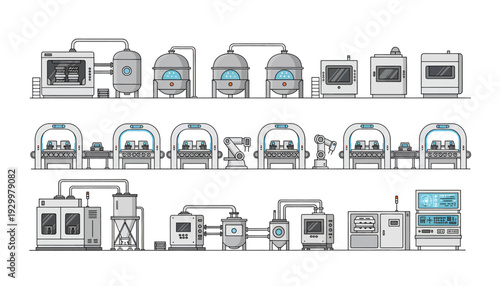 Industrial Process Flow Diagram with Various Machines and Equipment.