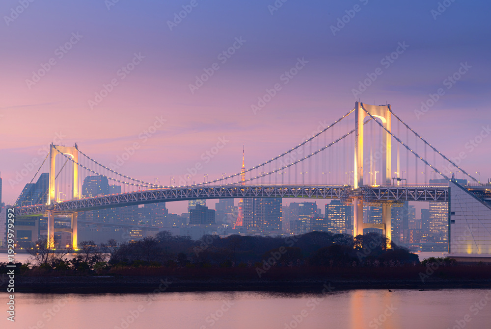 Obraz premium Tokyo, Japan – Evening cityscape featuring Rainbow Bridge illuminated over Tokyo Bay with Tokyo Tower visible in the background, showcasing modern skyline and urban architecture at dusk in Tokyo, 