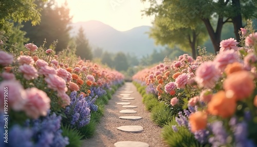 Garden path lined with vibrant pink orange flowers and purple lavender. Soft sunlight shines on blooming plants and distant hills creating tranquil outdoor scenery. Rich green nature landscape.