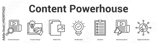 Content Powerhouse web banner icon set vector illustration concept for business with icon of Content Research, Creative Design, Media Files, Verified Idea, Checklist, Advertising Ne.