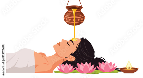 A woman receiving an ayurvedic shirodhara treatment with golden oil pouring from a clay pot onto her forehead surrounded by pink lotus flowers.
