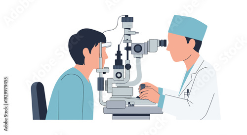 An ophthalmologist using a slit lamp biomicroscope to examine a male patients eyes in a medical setting shown as a flat vector illustration.