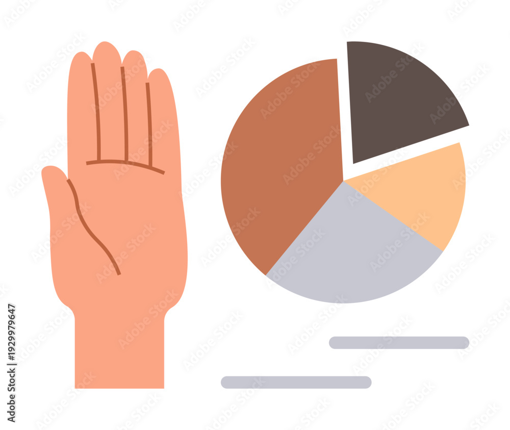 Obraz premium Data analytics, communication, decision-making, financial planning, teamwork, business presentations. Hand with a segmented pie chart. Data analytics and decision-making concept