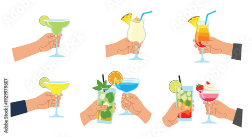 Collection of six hands holding diverse colorful cocktails with various garnishes including pineapple lime and strawberries arranged in a grid pattern against a white background.
