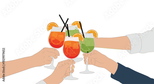 Four hands holding orange and green cocktail glasses with citrus slices and black straws clink together in a celebratory toast against a plain white background.
