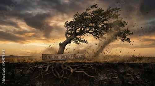 Strong Tree Bends in Stormy Winds with Visible Roots