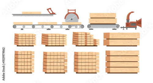 Set of industrial icons showing lumber processing stages including conveyor belts circular saws wood chippers and stacks of timber planks against a white background.