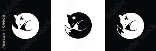 Set of minimalist fox silhouettes curled into a circle with bushy tails, black and white wildlife icons for nature branding and forest animal logos.