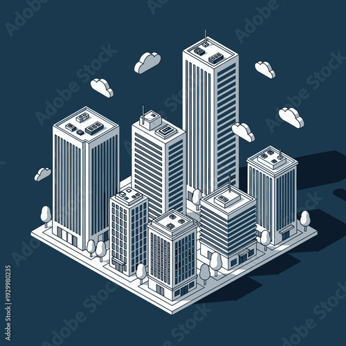 Isometric Cityscape with Modern Skyscrapers and Urban Architecture.
