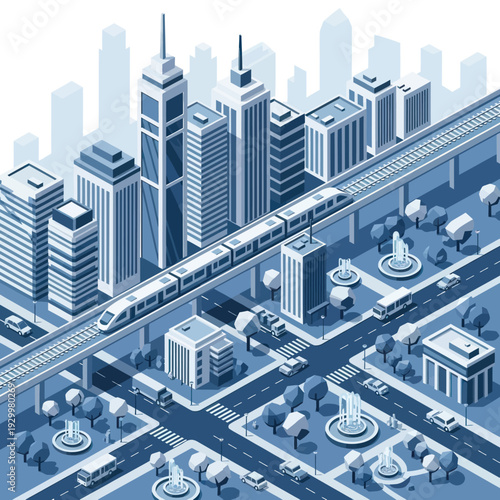 Isometric Cityscape with Modern Transportation and Urban Infrastructure.