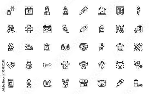 At the Vet icon set. Veterinary vector illustrations. Includes pawprint, veterinarian, stethoscope, syringe, pet, animal, dog, cat, medicine, health and more.