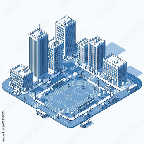 Isometric Cityscape with Sports Court and Buildings.