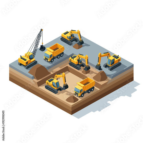 Isometric Construction Site with Heavy Machinery and Excavation Work.