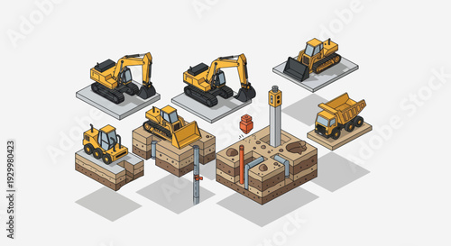 Isometric Construction Site with Heavy Machinery and Building Elements.