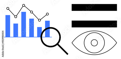 Chart with data points and bars, magnifier highlighting analysis, eye for visibility. Ideal for analytics, research, monitoring, optimization, transparency data tracking evaluation. Simple flat