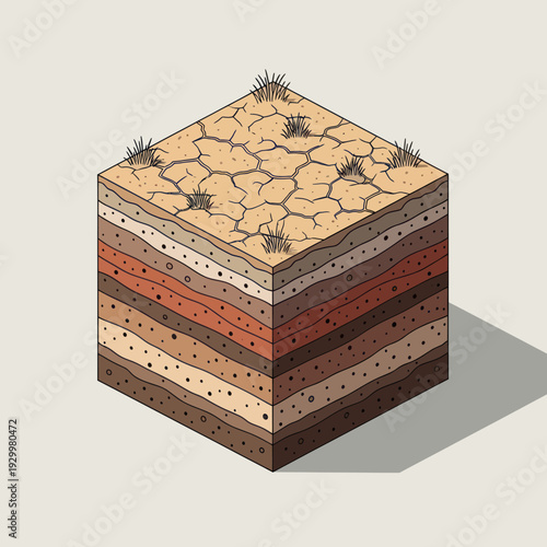 Bild auf Leinwand Isometric Cross-Section of Dry Cracked Earth with Soil Layers.