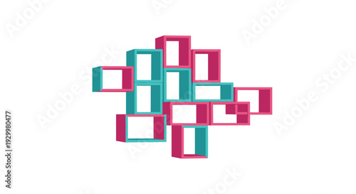 A cluster of interlocking pink and teal rectangular wall shelves is arranged in a complex overlapping geometric pattern on a white background.