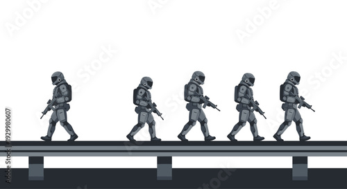 Five futuristic troopers in dark grey gear walk in a line across a dark platform against a white background.