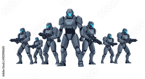Seven futuristic soldiers in grey power armor with cyan visors stand in a tactical formation against a white background.