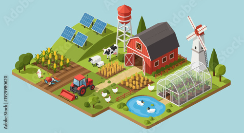 Isometric Farm Landscape with Barn, Tractor, Animals, and Solar Panels.