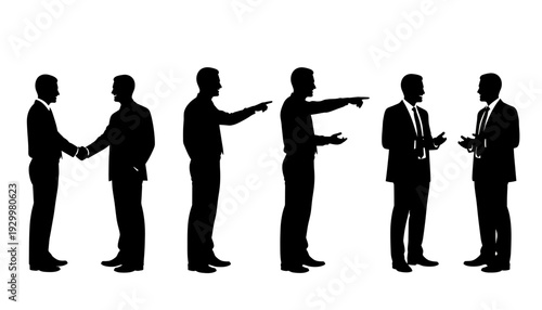 Businessmen interacting in various professional settings and gestures.