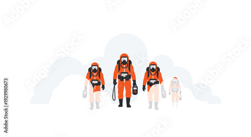 Four figures in bright orange hazmat suits and black gas masks walk forward through a dense fog carrying equipment.
