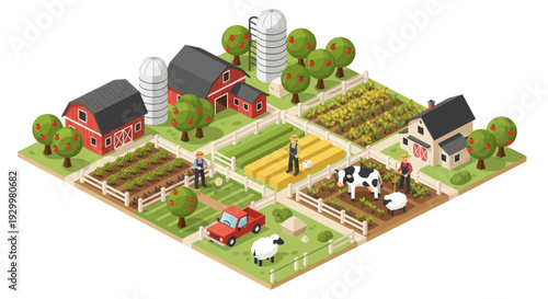 Isometric Farm Landscape with Barns Fields and Livestock.