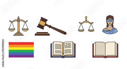 A collection of legal icons including scales, a gavel, a lady justice statue, a pride flag, and open books on white.