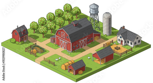 Isometric Farm Scene with Barns and Silos.