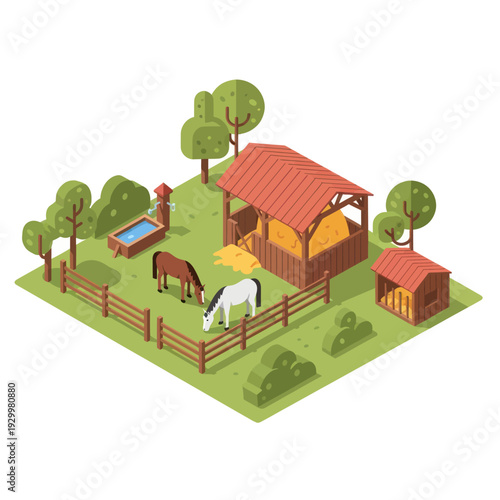 Isometric Farm Scene with Horses and Barn.