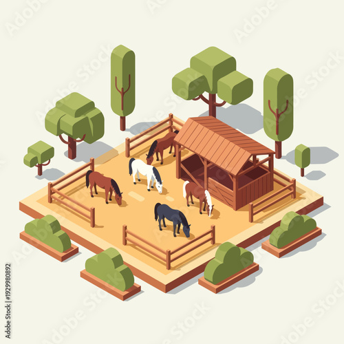Isometric Farm Scene with Horses and Stable.