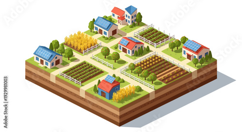 Isometric Farm Village with Houses and Agricultural Fields.
