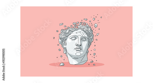 A white marble sculpture head disintegrates into floating grey stone fragments against a solid salmon pink background in a horizontal layout.