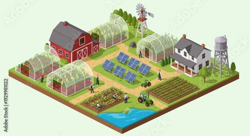 Isometric Farm with Barn, Greenhouses, Solar Panels, and Tractor.