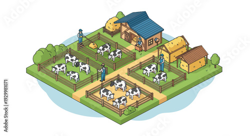 Isometric farm with cows and barns in a rural setting.
