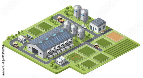 Isometric Farm with Barn, Silos, Fields, and Agricultural Vehicles.