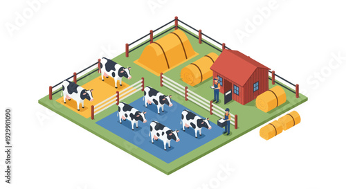 Isometric farm with cows and farm buildings.