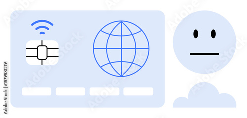 Digital identity, blockchain, global connectivity, biometrics, technology, cloud services. Abstract elements include a chip, globe and face silhouette. Digital identity and global connectivity