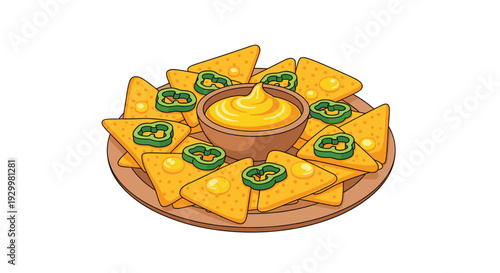 A wooden plate of yellow nacho chips with green jalapeo slices and melted cheese surrounds a central bowl of orange dipping sauce.