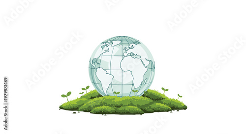 A translucent blue globe of the world sitting on a thick mound of green moss with small sprouts on a white background.