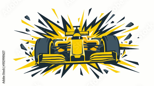 Dynamic yellow formula racing car speeding with explosion burst effect, modern sports vector illustration.