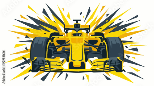 Dynamic yellow formula race car front view vector illustration with an explosive burst background symbolizing speed and power