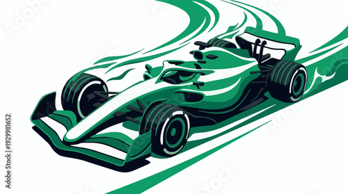 High-performance formula racing car vector illustration with dynamic green speed streaks on an isolated white background for competitive sport design concepts.