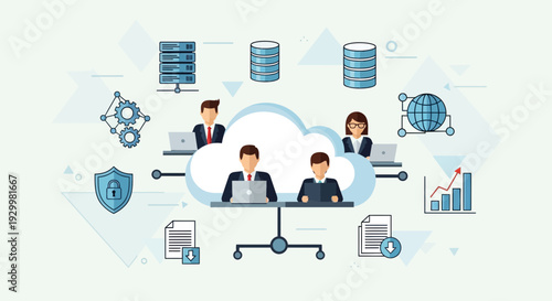 Professional Office Meeting Vector Illustration of Business Professionals Collaborating in a Cloud-Based Environment