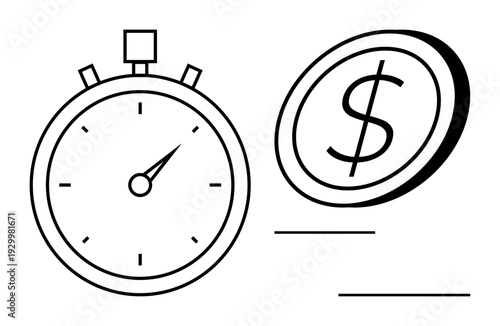 Time management, financial planning, business efficiency, investment, productivity, savings. A stopwatch and a dollar coin icon in black lines. Time management and financial planning concept